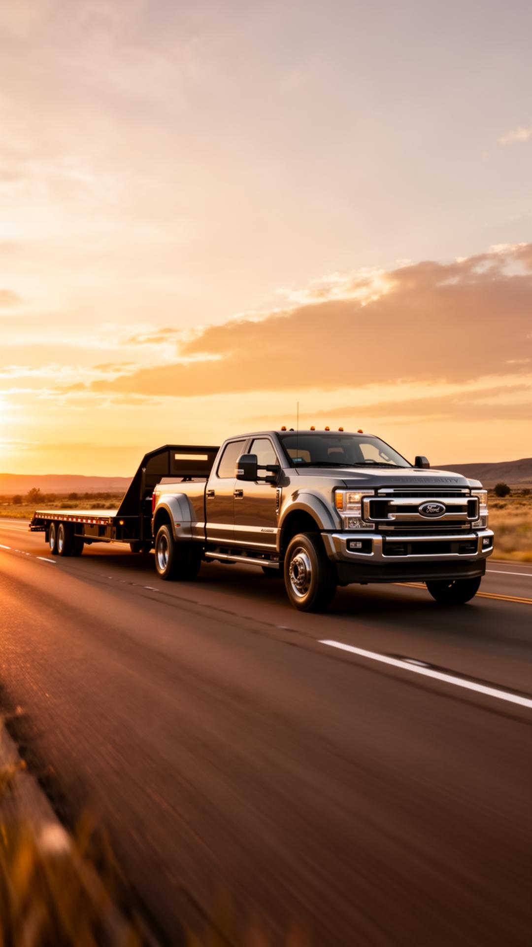 Integrity Transport Services Ford F450 with gooseneck trailer on the open highway at sunset